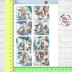 Aršík samolepek "Domečky v zimě" s motivy pohádkových zasněžených domečků a zimní krajiny, ideální pro diářové a kreativní tvoření.