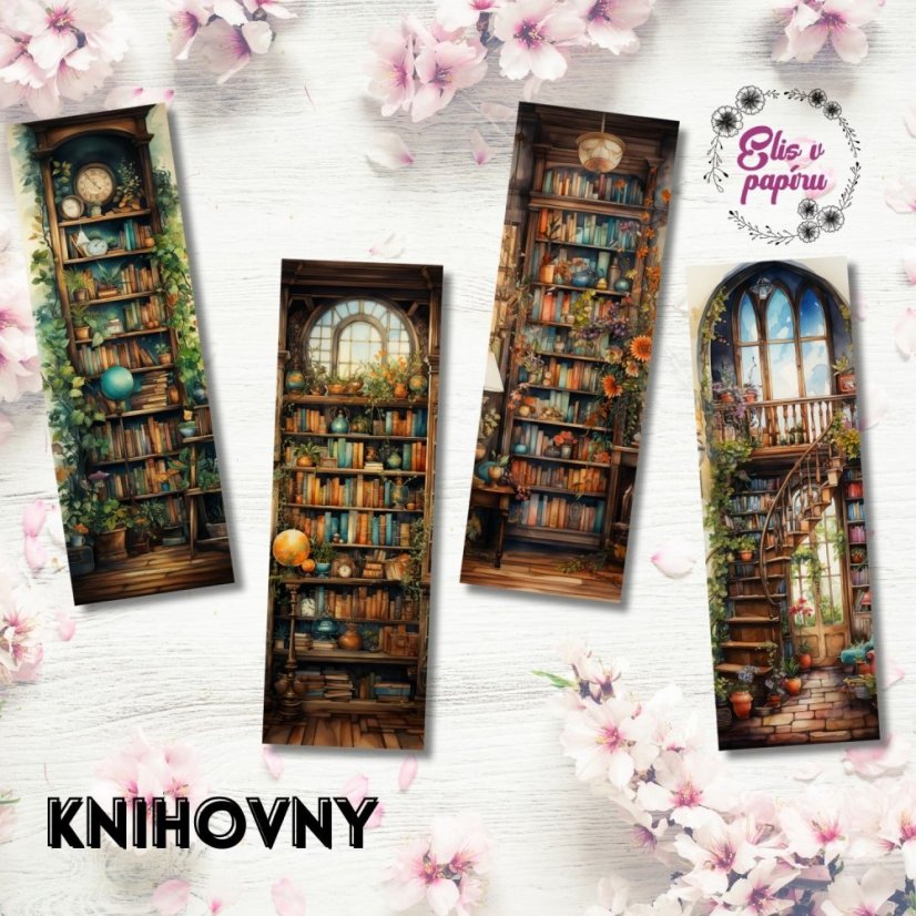 Záložky do knihy s motivem knihoven