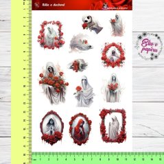 Samolepky kombinující tajemné duchy s romantickými motivy červených růží. Duchové, zahalení v bílých pláštích, jsou často doplněni o rudé květy, které kontrastují s jejich strašidelným vzhledem. Tyto samolepky jsou ideální pro všechny, kteří chtějí do svého plánování přinést spojení gotické elegance a halloweenské mystiky.