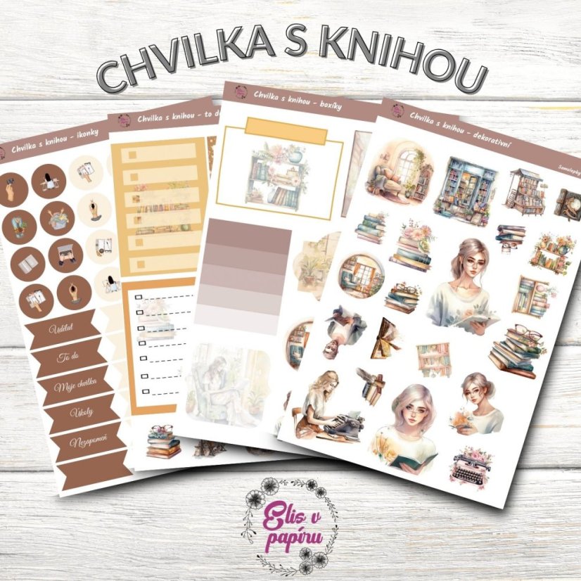 Samolepky do diáře od Elis v papíru s motivem plný knížek - samolepkový kit