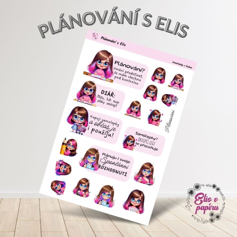 Plánování s Elis, vtipné samolepky, samolepky do diáře, bujo, plánování, journaling, deník, scrapbook, české samolepky, diářové samolepky, humor a organizace.