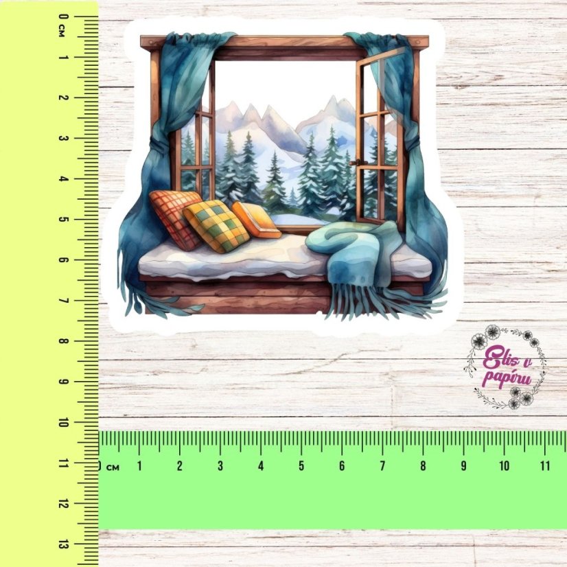 Okno s výhledem na zasněžené hory | Samolepka do diáře