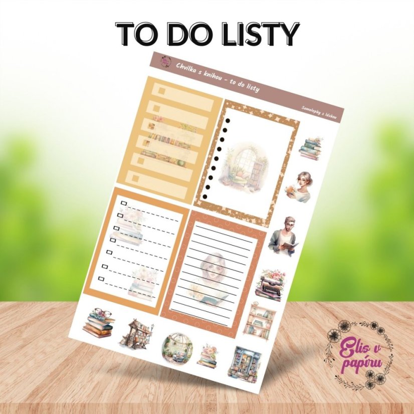 Samolepky do diáře od Elis v papíru s motivem plný knížek - dekorativní samolepky s to do listy