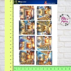 Aršík papírových samolepek zachycující vánoční obývací pokoje s osvětlenými stromečky, dekoracemi a praskajícím krbem.