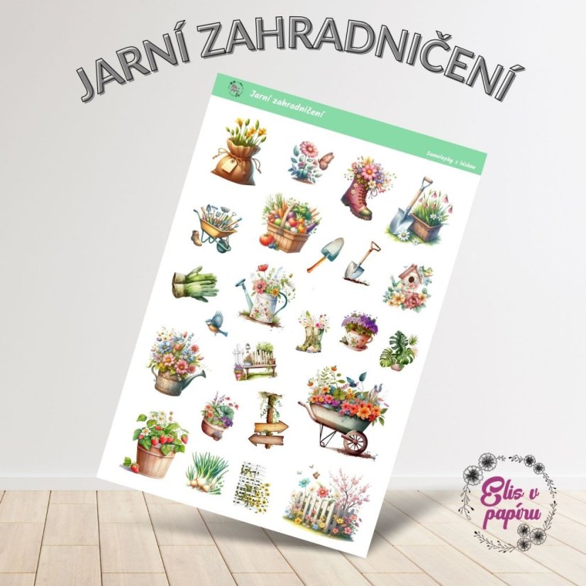 Samolepkový aršík s motivy zahradničení na jarní zahradě od Elis v papíru.