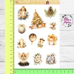 Aršík samolepek "Vánoce ve zlaté" s motivy vánočních stromků, svíček, dárků a ozdob ve zlaté a krémové barevné paletě.