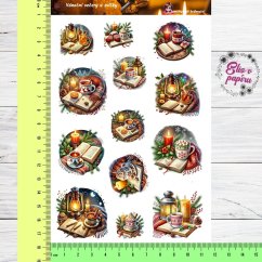 Aršík samolepek "Vánoční večery u svíčky" s motivy svíček, knih, šálků čaje a vánočních dekorací v teplých svátečních barvách.