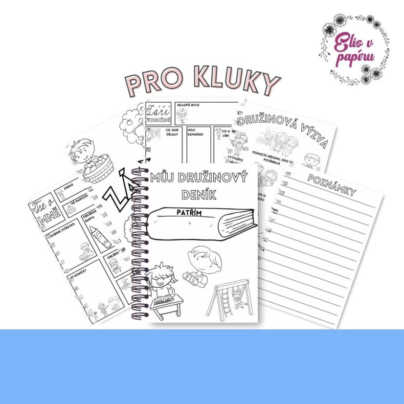 Družinový deník pro záznam vzpomínek s družiny a družinová výzva od Elis v papíru ve variantě pro kluky