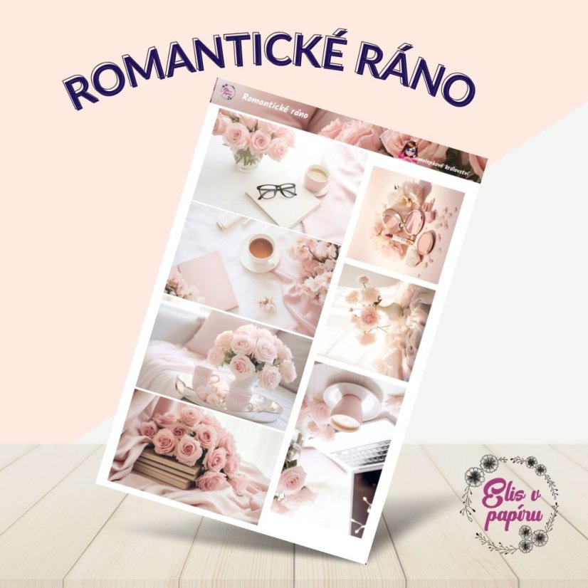 Samolepky zobrazují různé něžné momenty rána: růžové květiny, šálky kávy, knížky a elegantní aranžmá. Tóny jsou jemné a pastelové, což vytváří pocit klidu, romantiky a elegance. Motivy vyzařují atmosféru rána stráveného v harmonii, kdy si člověk užívá maličkosti života.