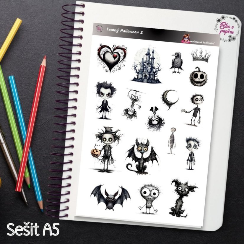 Samolepky s motivy temného Halloweenu ve stylu černobílých a šedých odstínů. Najdeš zde tajemné postavy, strašidelné domy, netopýry a další ikonické halloweenské motivy, které dodají tvému plánování nádech tajemna. Tyto elegantní a strašidelné samolepky jsou ideální pro fanoušky Halloweenu, kteří chtějí přidat do svého diáře trochu napětí a tajemství.