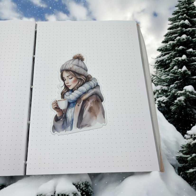 Zimní dívka s kávou  | Maxi kusová samolepka pro diář i scrapbook