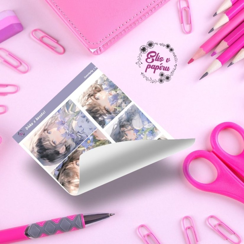 Samolepky v anime stylu s motivem dívky a kosatců od Elis v papíru