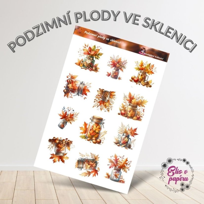 Samolepky s motivy sklenic, které jsou naplněné podzimními listy, kaštany a dalšími plody. Každá sklenice přináší do tvého diáře či plánovače podzimní atmosféru plnou teplých barev a přírodních dekorací. Tyto samolepky jsou ideální pro podzimní zdobení a kreativní projekty.