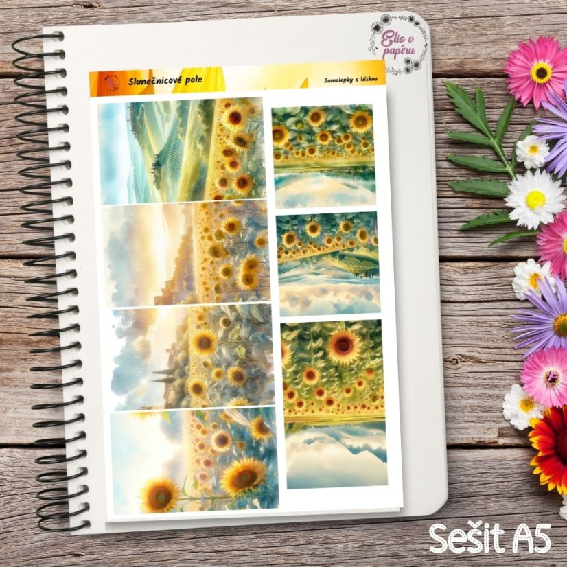 Velké kusové samolepky Slunečnicové pole, žlutá a zelená, přírodní motiv, diářové samolepky, plánování, bujo, samolepky na scrapbook.