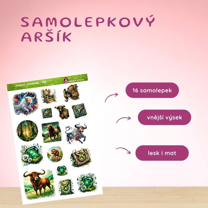  Arch samolepek s astrologickým motivem Býka – býci, smaragdy, květiny a přírodní symboly.