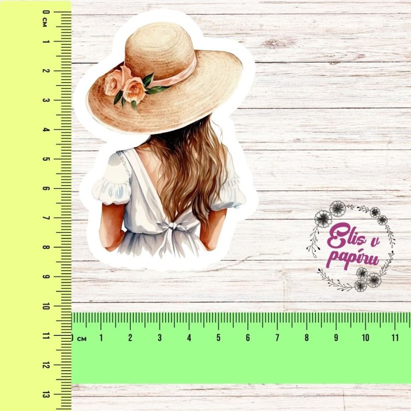 Velká kusová samolepka Dívka ve slaměném klobouku, béžová a bílá, letní styl, diářové samolepky, plánování, bujo, samolepky na scrapbook.