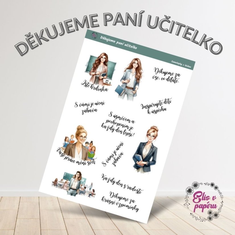 Samolepky Děkujeme paní učitelko s pastelovými barvami, zobrazující učitelky, školní motivy, vděčnost a radostné okamžiky.