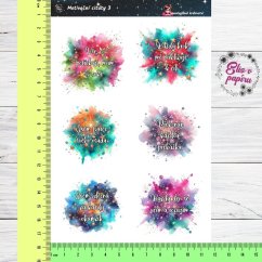 Samolepky zobrazují různé inspirativní citáty, každý zasazený do barevného a živého pozadí ve tvaru skvrn. Barvy jsou zářivé a dynamické, vytvářejí pozitivní energii, která povzbuzuje k dosažení cílů a soustředění se na růst. Samolepky zobrazují různé inspirativní citáty, každý zasazený do barevného a živého pozadí ve tvaru skvrn. Barvy jsou zářivé a dynamické, vytvářejí pozitivní energii, která povzbuzuje k dosažení cílů a soustředění se na růst.