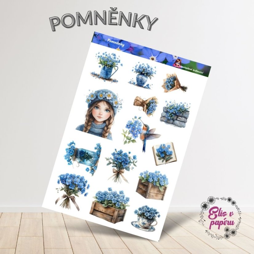 💙 Arch samolepek s jemnými pomněnkami – květiny vzpomínek a krásných okamžiků.