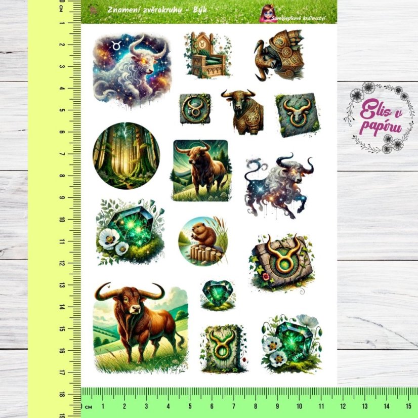  Arch samolepek s astrologickým motivem Býka – býci, smaragdy, květiny a přírodní symboly.