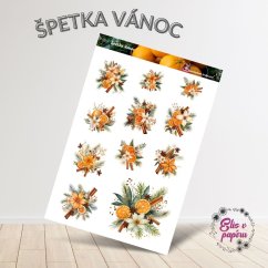 Aršík samolepek "Špetka Vánoc" s motivy vánočních kytic zdobených pomeranči, skořicí, hvězdičkami a jehličím v příjemných svátečních barvách.