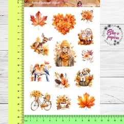 Samolepky zobrazují podzimní scenérie plné listí, zvířátek, dýní a útulných okamžiků. Každý motiv je barevně laděn do teplých tónů podzimu a zachycuje radostné chvíle