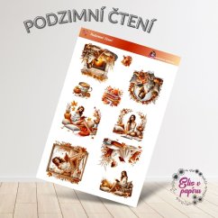 Samolepky zobrazují útulné podzimní scény: čtení u krbu, dívky s knihami, šálky kávy a čaje obklopené podzimními dekoracemi. Každý motiv vyzařuje teplo a klid podzimního čtení, ideální pro všechny milovníky knih a relaxace.