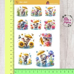 Samolepky zobrazují roztomilého sloníka s deštníkem, jak si užívá deštivý den plný květin a radosti. Barvy jsou jemné a pastelové, což dodává celému motivu hravost a roztomilost. Sloník tančí v loužích, kolem něho kvetou květiny a celé to působí jako kouzelný deštivý den.