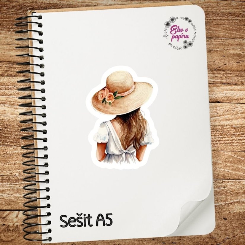 Velká kusová samolepka Dívka ve slaměném klobouku, béžová a bílá, letní styl, diářové samolepky, plánování, bujo, samolepky na scrapbook.