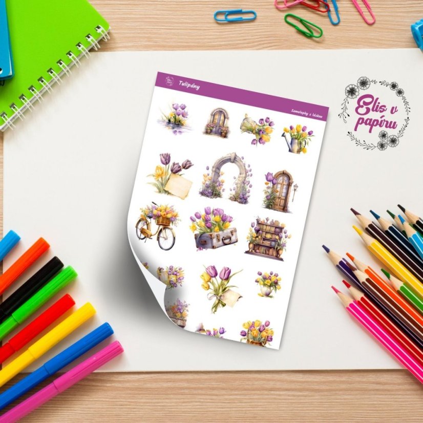 Diářové samolepky Elis v papíru s jarním motivem tulipánů. Ideální do diáře, ale i na scrapbook nebo journaling.