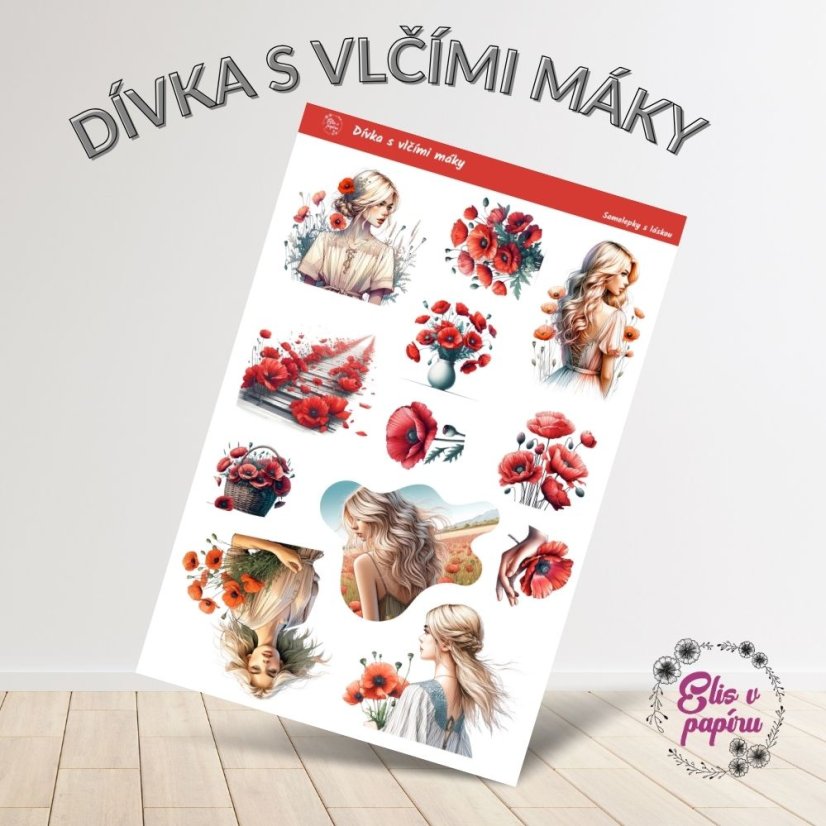 Samolepky Dívka s vlčími máky se světlými a jemnými barvami, zobrazující dívky s vlčími máky, květiny, jemné scény a romantické okamžiky.
