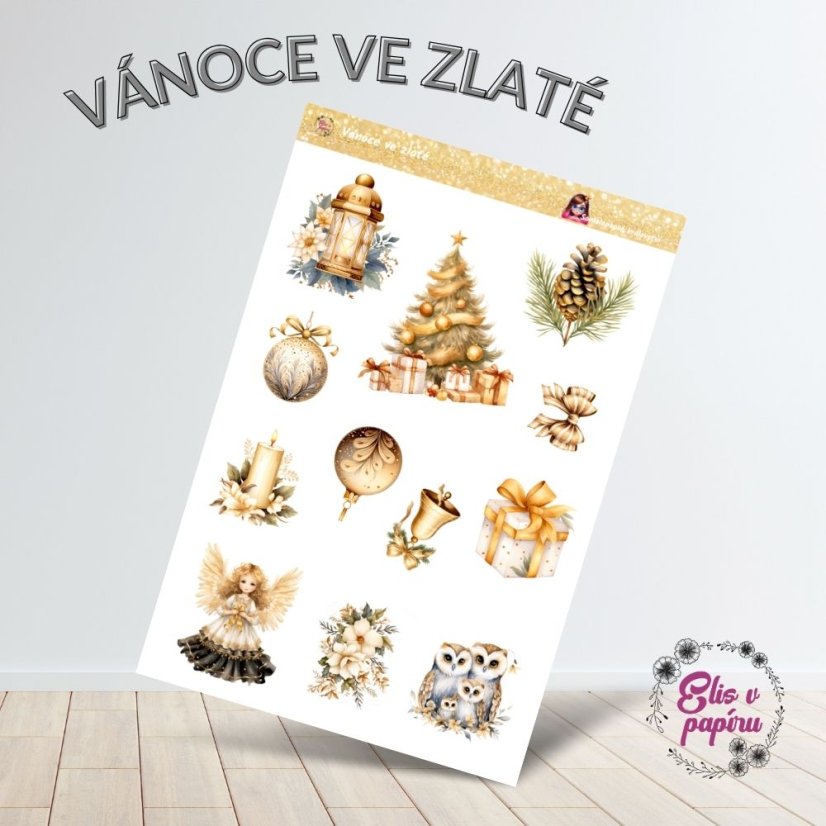 Aršík samolepek "Vánoce ve zlaté" s motivy vánočních stromků, svíček, dárků a ozdob ve zlaté a krémové barevné paletě.