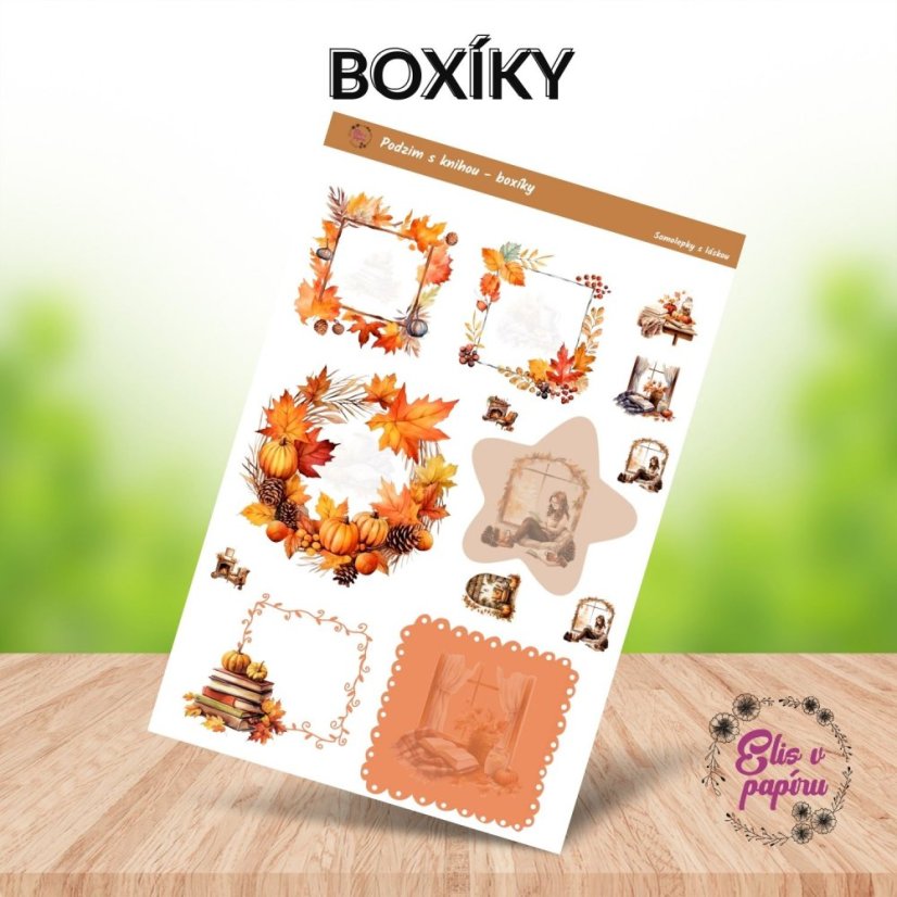 Samolepky do diáře od Elis v papíru s motivem podzimu a knížek - dekorativní samolepky ve formě boxíků