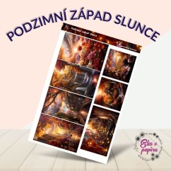 Samolepky zobrazují malebné scenérie podzimního západu slunce – zlaté světlo prosvítající mezi stromy, padající listí, teplé podzimní barvy. Tyto motivy evokují pocit klidu, nostalgie a krásy přírody v přechodu mezi dnem a nocí. Každý obrázek přináší hřejivou atmosféru plnou přírodního kouzla.