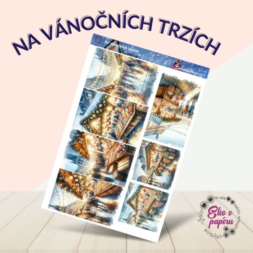 Aršík samolepek "Na vánočních trzích" s motivy vánočních stánků, světel a zimní atmosféry. Ideální pro kreativní tvoření a diářové plánování.