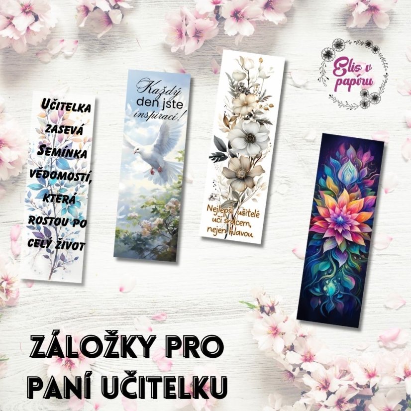Sada 4 stylových záložek do knihy, různé barvy a motivy, inspirativní a květinové vzory, ideální pro učitele a knihomoly.