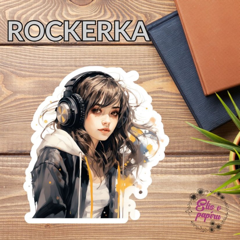 Velká kusová samolepky a motivem dívky v černé, která poslouchá muziku.