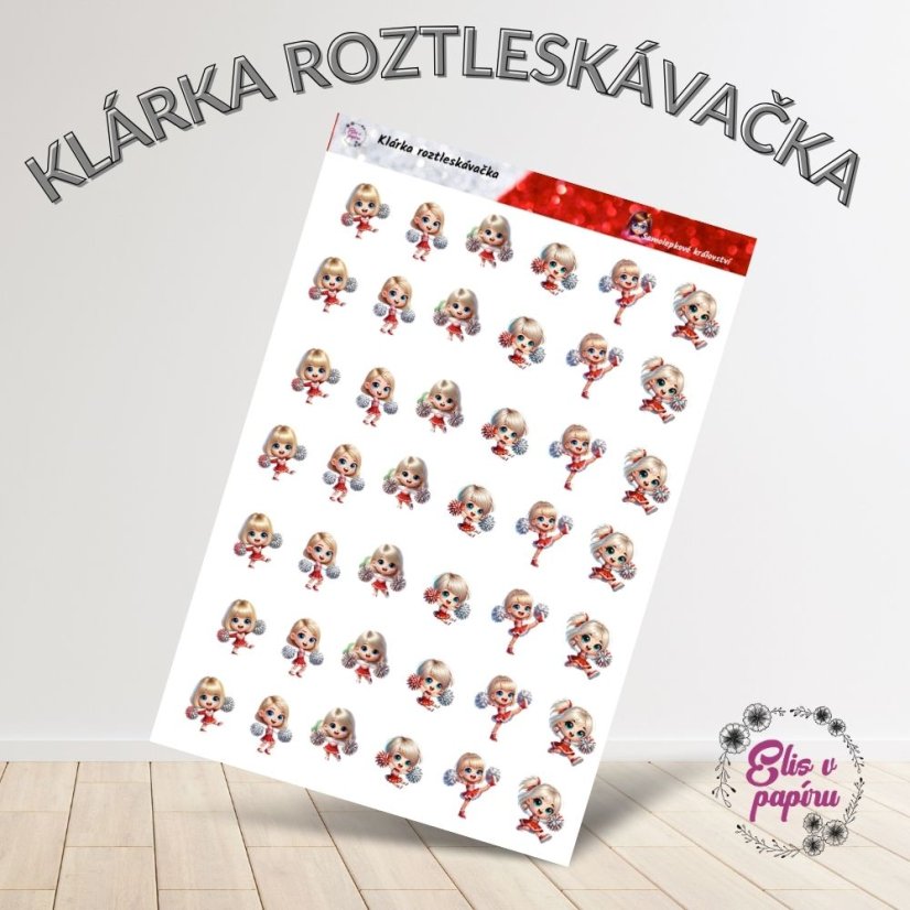 Aršík samolepek "Klárka roztleskávačka" s motivy energické Klárky s pompony v akci, ideální pro diář i scrapbook.