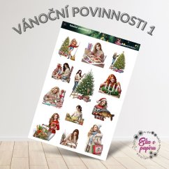 Aršík samolepek "Vánoční povinnosti 1" s motivy tradičních vánočních příprav – pečení, výzdoba stromku, balení dárků a nákupy v teplých vánočních barvách.