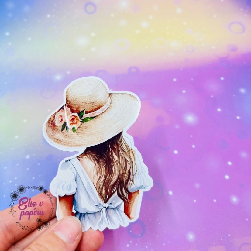 Velká kusová samolepka Dívka ve slaměném klobouku, béžová a bílá, letní styl, diářové samolepky, plánování, bujo, samolepky na scrapbook.