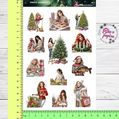 Aršík samolepek "Vánoční povinnosti 1" s motivy tradičních vánočních příprav – pečení, výzdoba stromku, balení dárků a nákupy v teplých vánočních barvách. Aršík samolepek "Vánoční povinnosti 1" s motivy tradičních vánočních příprav – pečení, výzdoba stromku, balení dárků a nákupy v teplých vánočních barvách.