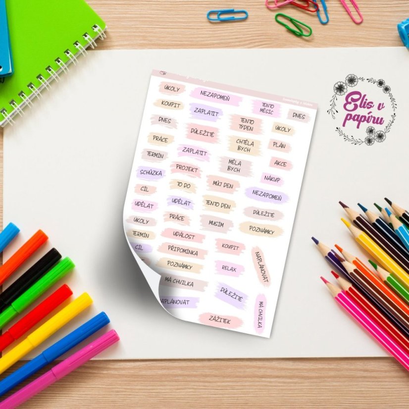 Praktické textové samolepky do bujo v jemných pastelových barvách. Skvělé pro přehledné a stylové plánování, které ti usnadní organizaci a dodají tvému bujo eleganci.