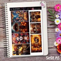 Barevné samolepky inspirované svátkem Dia de Muertos – lebky, květiny, svíce a postavy v tradičních kostýmech oslavujících Den mrtvých.