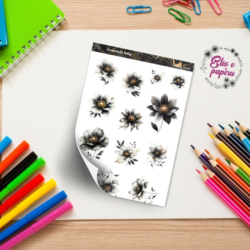 Elegantní černozlaté květinové samolepky pro stylové plánování a bujo. Dodají tvému diáři šmrnc a nádech luxusu.