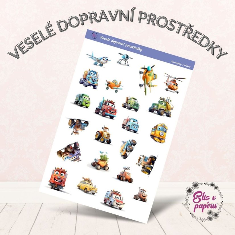 Samolepky do diáře s motivy roztomilých aut a dopravních prostředků od Elis v papíru