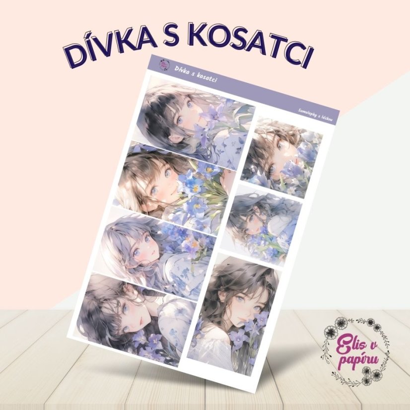 Samolepky v anime stylu s motivem dívky a kosatců od Elis v papíru