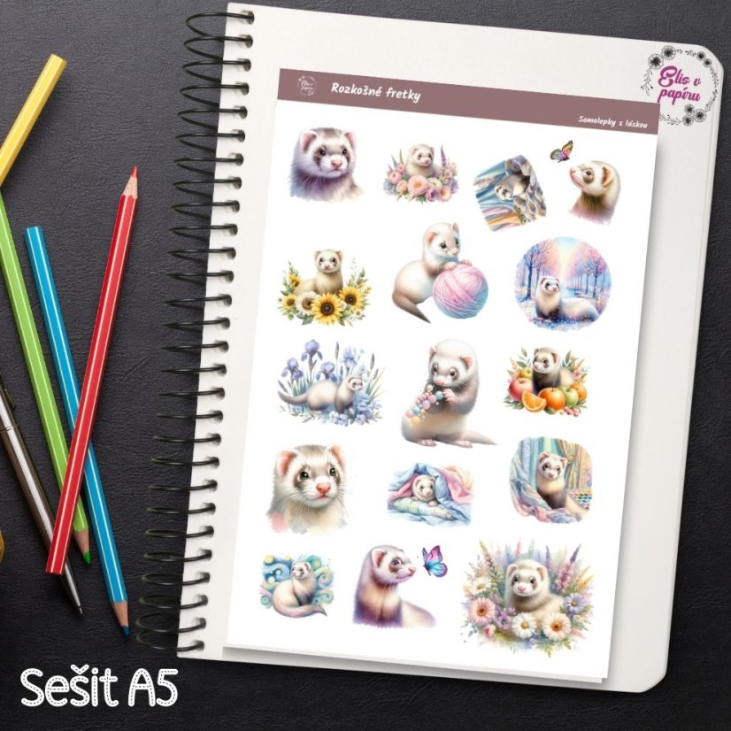 Samolepky roztomilé fretky - papírové samolepky do diáře pro plánování a journaling.