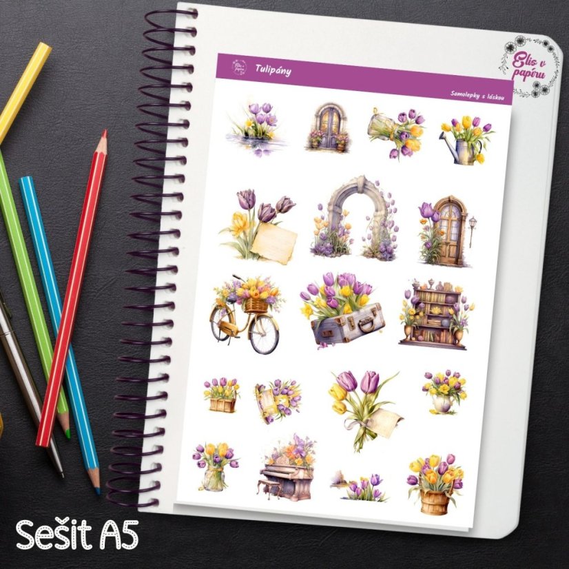 Diářové samolepky Elis v papíru s jarním motivem tulipánů. Ideální do diáře, ale i na scrapbook nebo journaling.