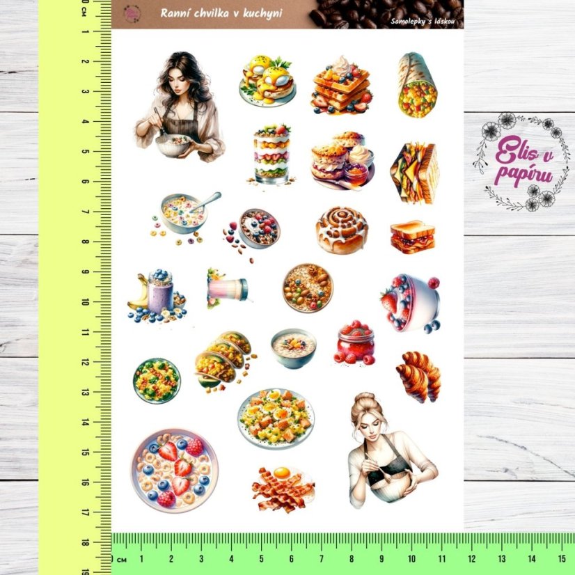 Samolepky s motivy lahodných snídaní a ranních chvilek v kuchyni. Skvělé pro diář, bujo nebo scrapbook, které přidají radost a pohodu do každodenního plánování.