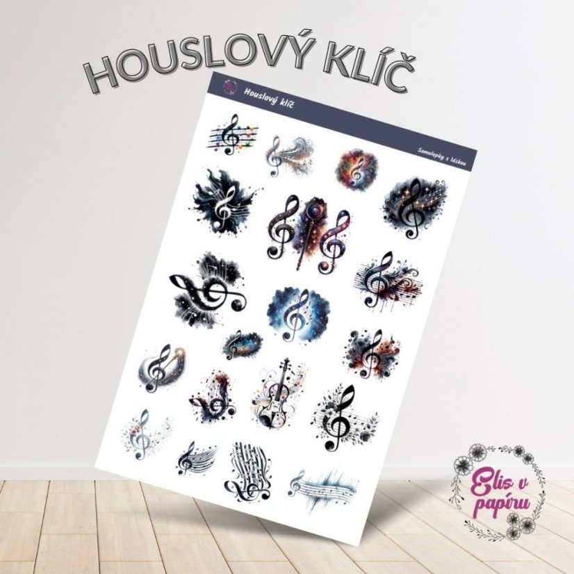 Samolepkový aršík s motivy houslových klíčů pro všechny milovníky hudby od Elis v papíru